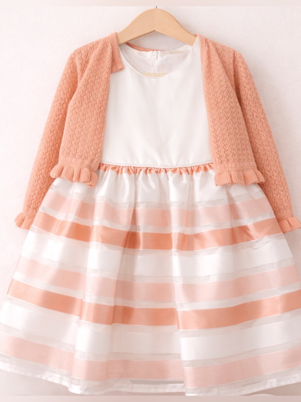 American Princess Peach and White Striped Formal Dress with Cardigan